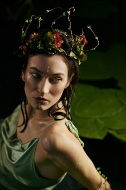 A woman with a floral crown poses near a swamp, her expression enigmatic. clipart