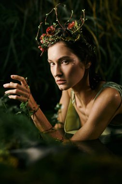 A woman with a floral crown poses in a swamp setting, looking directly at the camera. clipart