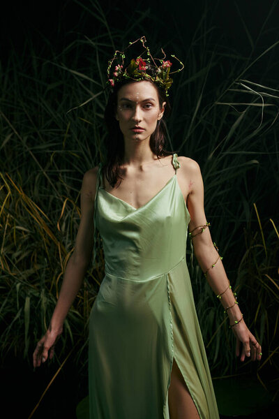 A woman with a floral crown poses in a green dress near swamp vegetation.