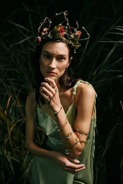 stock image A woman in a flowing green dress and floral crown poses amidst lush foliage.