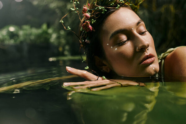 A woman with flowers in her hair lies peacefully in a swamp, her eyes closed.