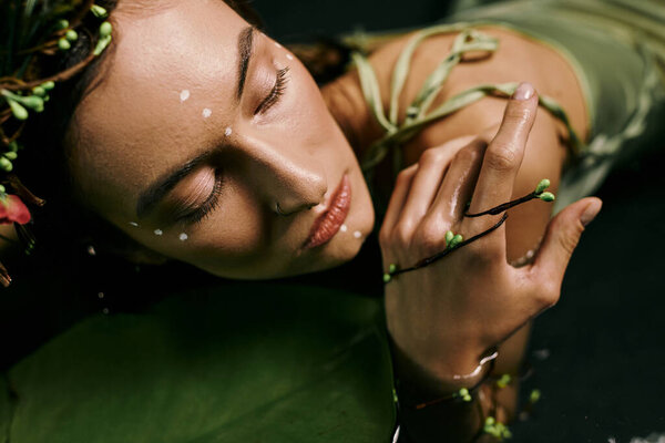 Женщина в цветочной короне рядом с болотом, глаза закрыты, спокойны.