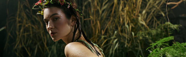 Женщина в цветочной короне позирует в болоте.