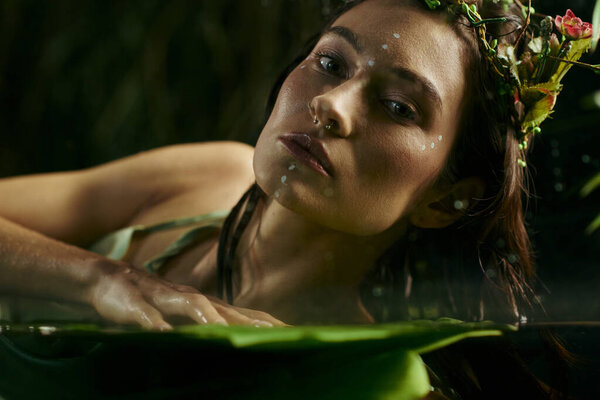 A woman adorned with a floral crown poses near a swamp, her gaze intense and captivating.