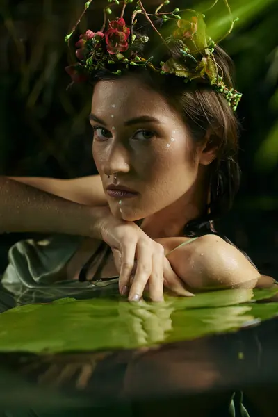 stock image Beautiful woman wearing flower crown, sitting in tranquil pond.