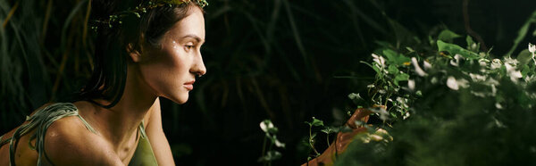 An attractive woman poses in a swamp, her gaze fixed on a nearby plant, surrounded by lush foliage.