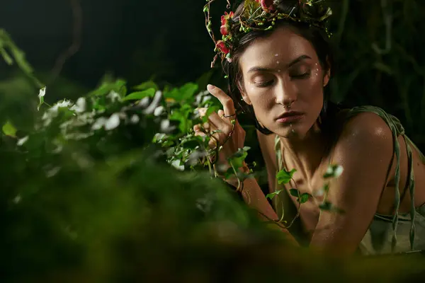 stock image Posing woman in elegant attire with floral crown by swamp.