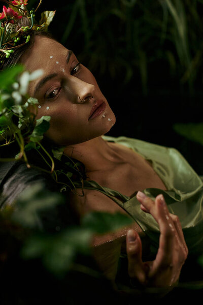 Женщина позирует в пышной, болотистой обстановке, украшенной цветами и листьями.