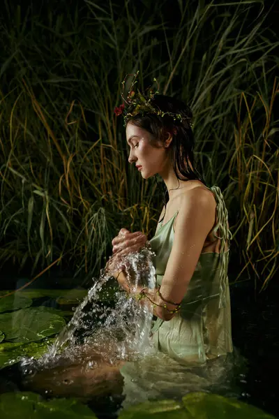 stock image A woman wearing a floral crown sits in a swamp, gracefully splashing water with her hands.