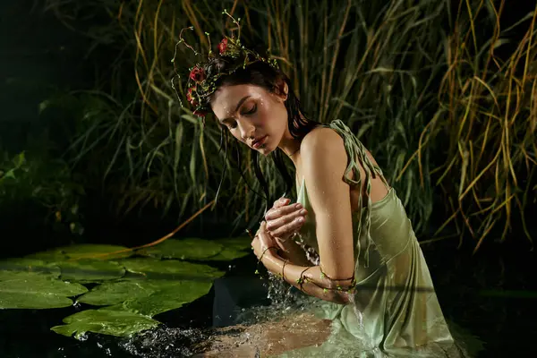 stock image A woman in a flowing gown, adorned with flowers, poses in a swamp at night.