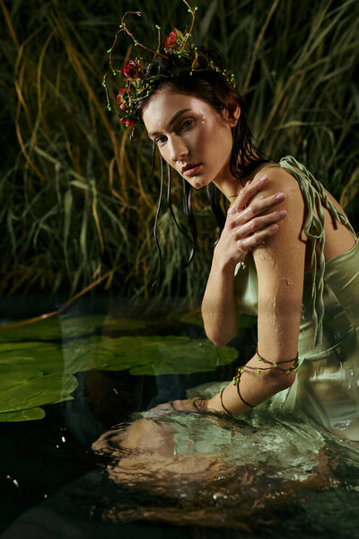 Woman in floral gown poses by moonlit swamp.
