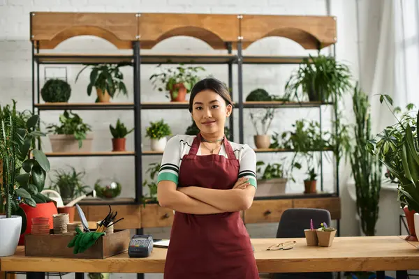 Güzel bir Asyalı kadın çiçekçisinde gururla durur, kollarını kavuşturur, önlük giyer..