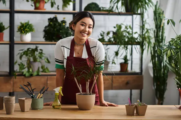Genç Asyalı bir kadın, bir fabrika sahibi, gelişmekte olan yeşillik koleksiyonunun arasında çalışırken ışıl ışıl gülümsüyor.