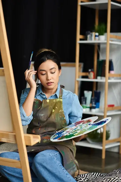 stock image A young Asian woman sits in her art studio, holding a paintbrush and palette, focused on her artwork.