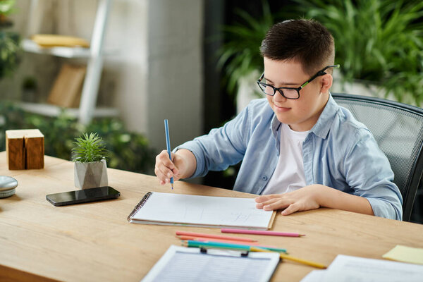 A young boy with Down syndrome sits at a desk, drawing in a notebook. He is wearing glasses and a blue shirt.