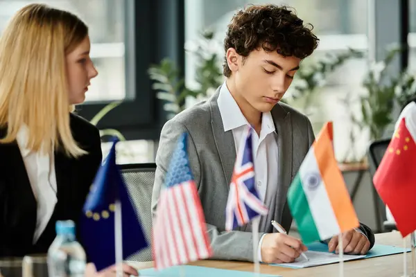 stock image Two teens join a Model UN conference, discuss global affairs.