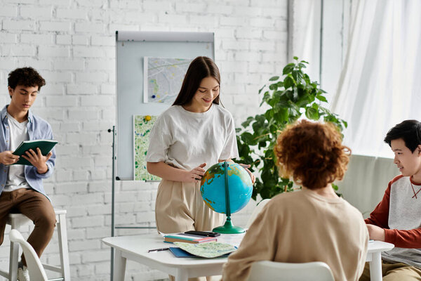 A group of teenagers participates in a UN Model, focusing on a globe representing global issues.