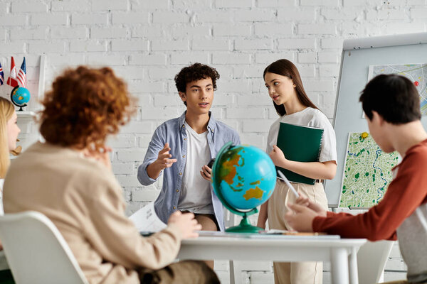 Teenagers participating in a Model United Nations conference discuss global issues.