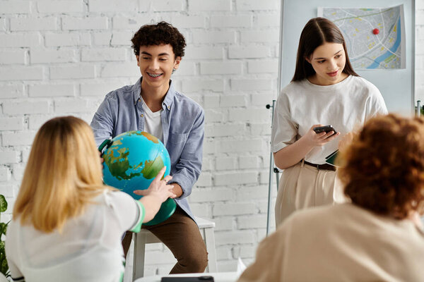 A group of teenagers participate in a UN Model session, focusing on international affairs.