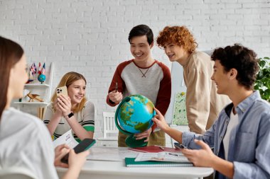 Teenagers gather around globe for Model UN, discussing global issues and fostering diplomacy. clipart