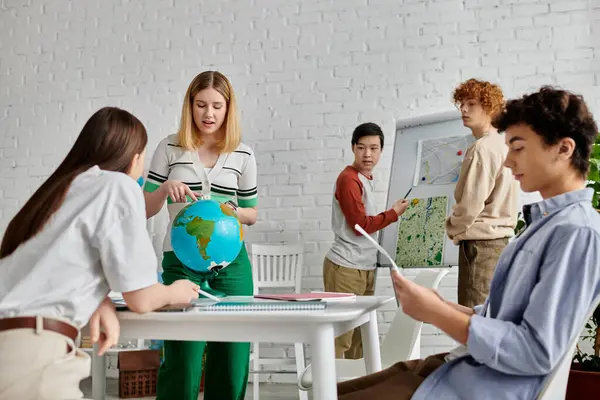 stock image Teenagers participate in a UN Model, discussing global issues and finding solutions.