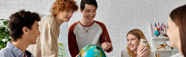 A group of teenagers participate in a UN Model event, discussing global issues.