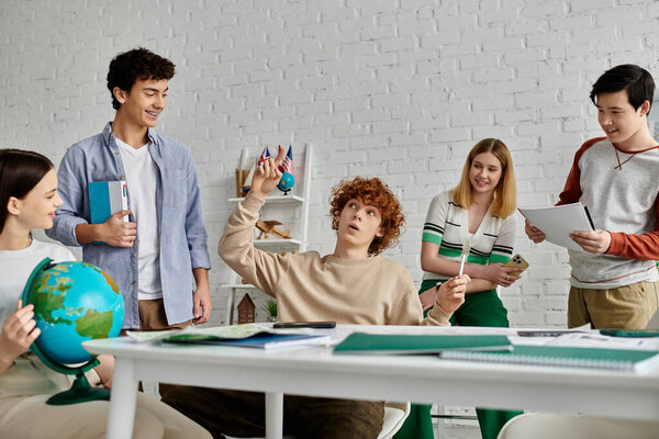 Группа подростков участвует в модели ООН, участвуя в страстных дебатах и обсуждениях.