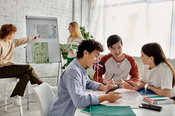 Teenagers participate in a UN Model simulation, collaborating and engaging in discussion.