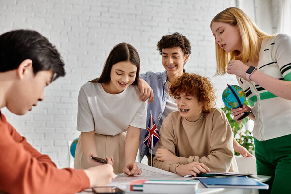 A group of teenagers participate in a UN model simulation, engaging in discussions and diplomacy.