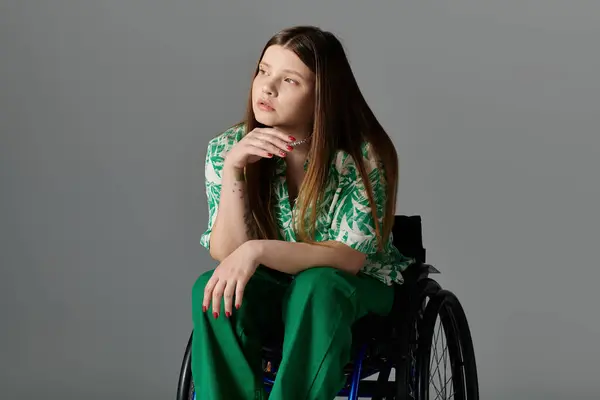 stock image A young woman in a wheelchair, dressed in green, sits with her hand on her chin in deep thought against a grey background.