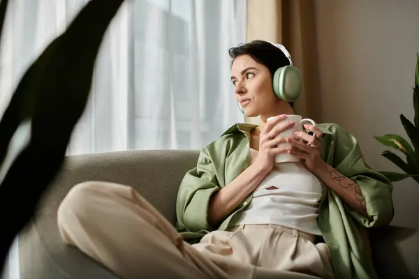 stock image A woman wearing headphones relaxes on a couch at home with a cup of coffee.