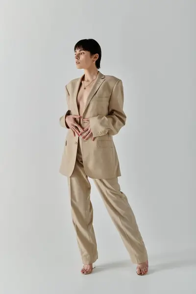 stock image A woman in a beige suit poses confidently against a white backdrop.