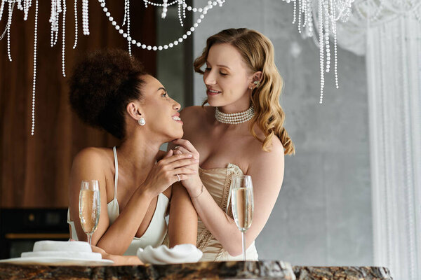 Две невесты, в свадебной одежде, любовно смотрят друг на друга во время приема.