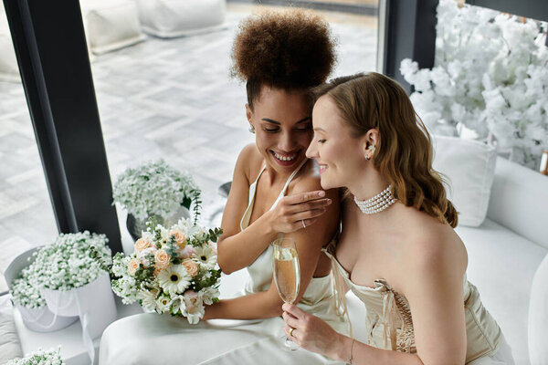 Любящая лесбийская пара разделяет нежный момент в день своей свадьбы.