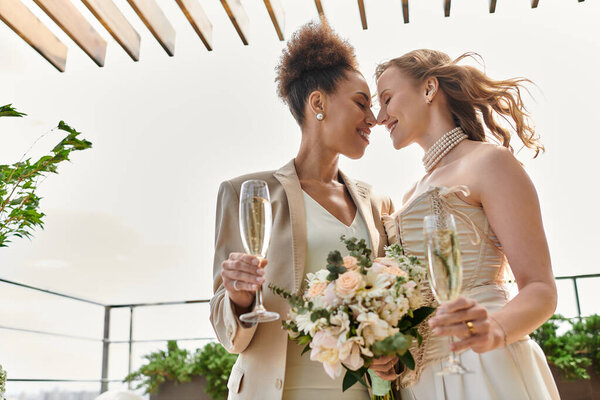 A lesbian couple shares a loving moment on their wedding day, toasting their new life together.
