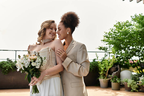 Две невесты, одетые в свадебный наряд, разделяют нежный момент на террасе на крыше.