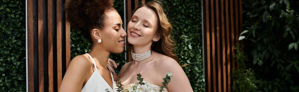 Two brides embrace on their wedding day, surrounded by greenery.