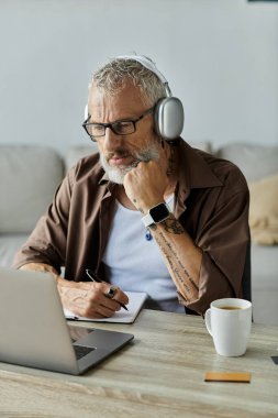 A mature gay man with tattoos and gray hair works remotely from home while wearing headphones. clipart