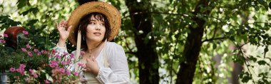 A young woman in a white dress and straw hat stands amidst a vibrant summer garden, bathed in warm sunlight. clipart