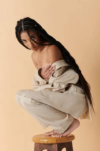 stock image A stylish young woman poses on a stool, wearing a beige pantsuit and looking at the camera with a confident gaze.