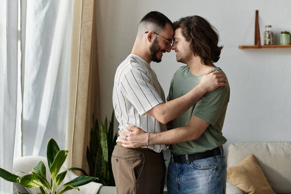A gay couple embraces in a sunlit living room, their love radiating warmth.