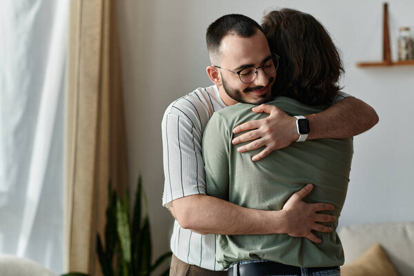 A gay couple shares a tender embrace, filled with love and happiness.