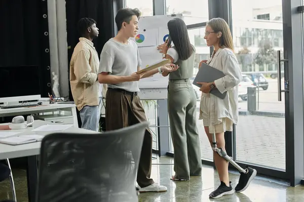 stock image Young pros analyze data, plan startup strategy at whiteboard