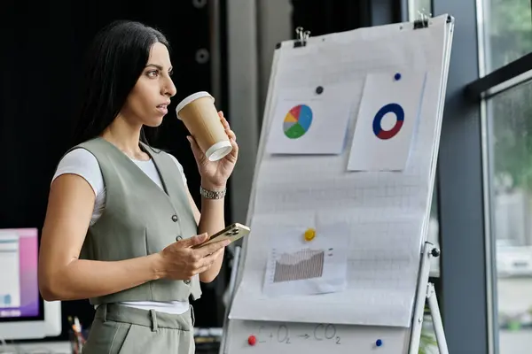 stock image A woman takes a sip of coffee while reviewing data on a whiteboard.