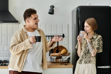 Two friends share a joyful coffee moment at home, embracing their unique styles. clipart