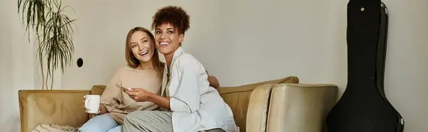 stock image Two partners embrace warmth and laughter while enjoying each other's company.