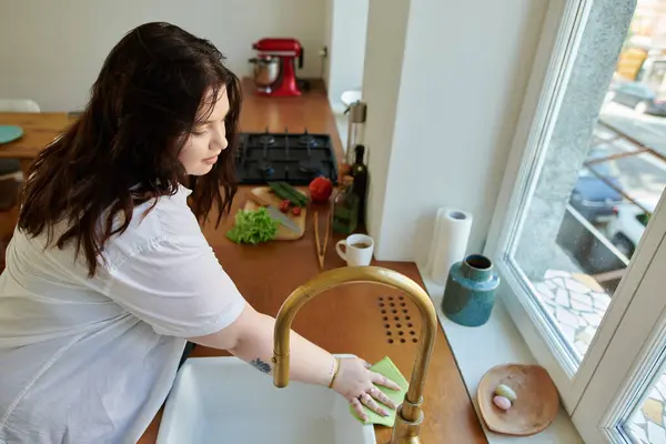 stock image A cheerful woman wipes the sink while enjoying her cozy home environment.