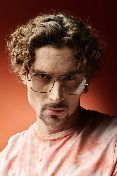 Поразительный человек демонстрирует глубокие эмоции на красочном фоне.