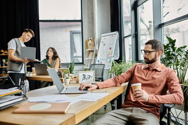 Professionals in casual attire discuss strategies in modern office.