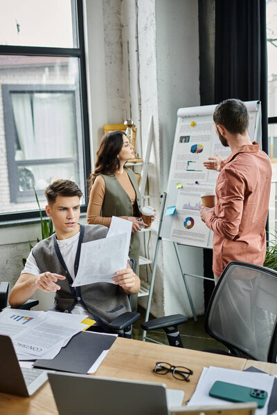 Professionals collaborate and share insights in office.